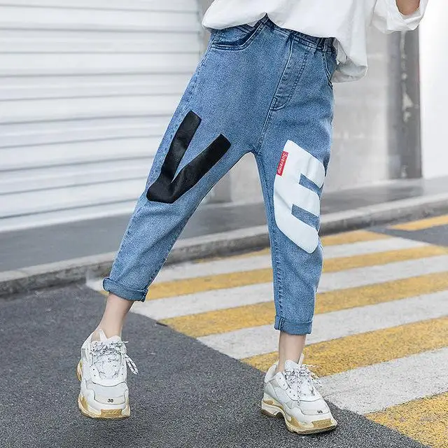 Blue jeans Детские джинсовые штаны для девочек Повседневные детские свободные брюки с буквами, хлопковые эластичные джинсы для девочек 13 лет, одежда для малышей - Цвет: Blue jeans