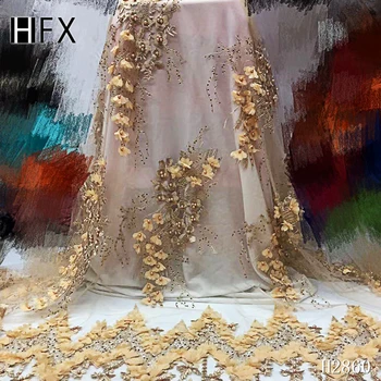 

HFX Nigerian lace fabrics High Quality 2019 Tulle Beaded French net lace fabric Pearls Embroidered African 3d Lace Fabric F2860