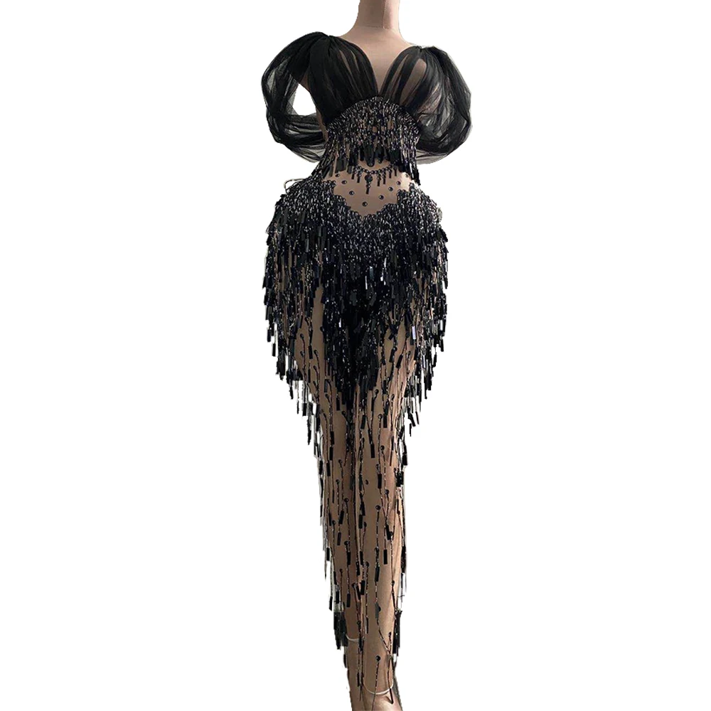 Nightclub Prom Celebration DJ Singer Stage Jumpsuit Women Sexy Mesh Tassel Sequin Bodysuit Dancer Stretch Skinny Nude Rompers Nightclub Prom Celebration DJ Singer Stage Jumpsuit Women Sexy Mesh Tassel Sequin Bodysuit Dancer Stretch Skinny Nude Rompers