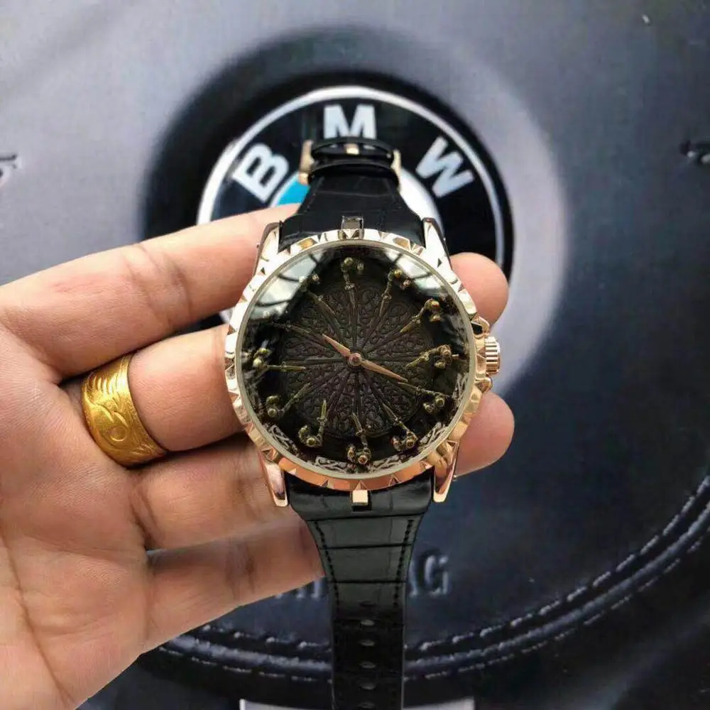 45mm12 рыцарь Роскошные Дизайнерские мужские часы EXCALIBUR Высокое качество черные кожаные кварцевые часы мужские деловые наручные часы мужские RDDBEX0