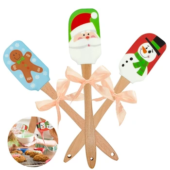 

Christmas Patterns Silicone Butter Scraper Cake Cream Mixing Baking Food Grade Kitchen Wooden Handle Scraper Kitchen Supplies