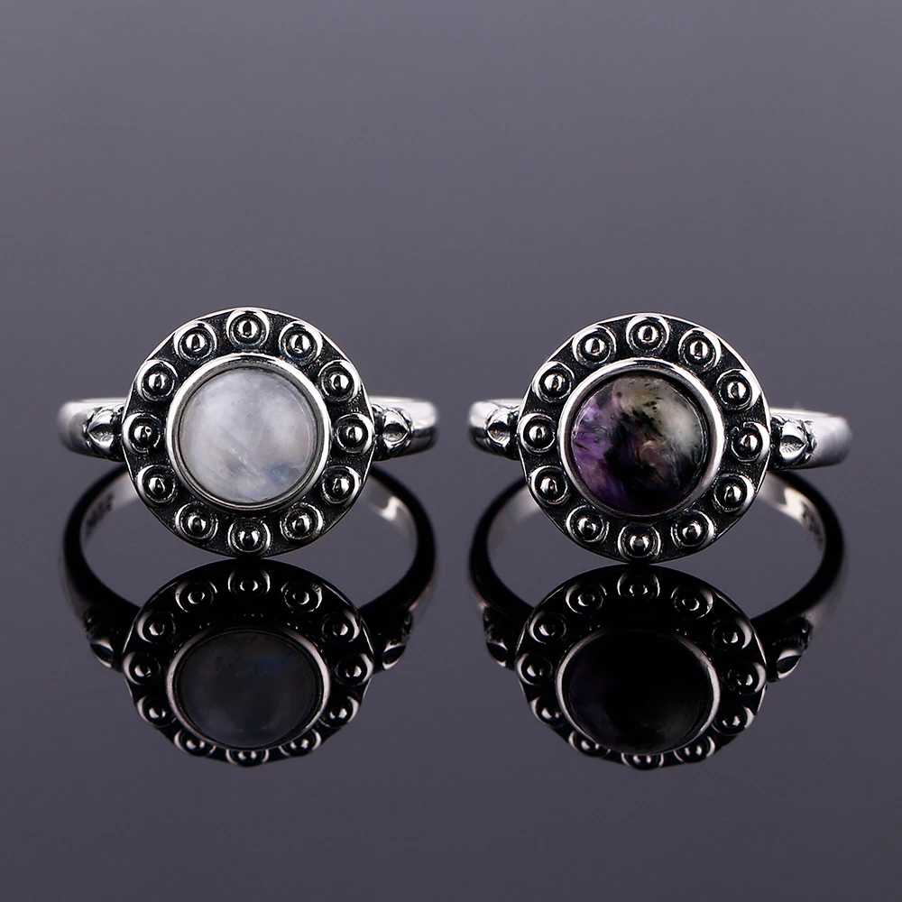 925 Silver Ring Round 7MM Natural Moonstone and Natural Purple Dragon Crystal Retro Heart Ring Engagement Wedding Party Gift