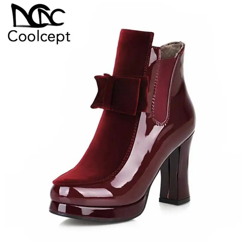 CoolCept Plus Size 32-48 Ankle Boots For Women Sweet Bowknot Office Ladies High Heels Platform Shoes Winter Warm Fur | Обувь