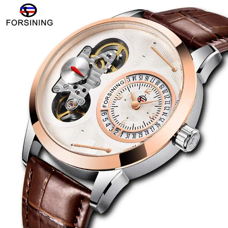 

FORSINING Mens Watch Skeleton Automatic Mechanical Watch Rose Gold Case Brown Leather Band Self-winding Tourbillion Wristwatch