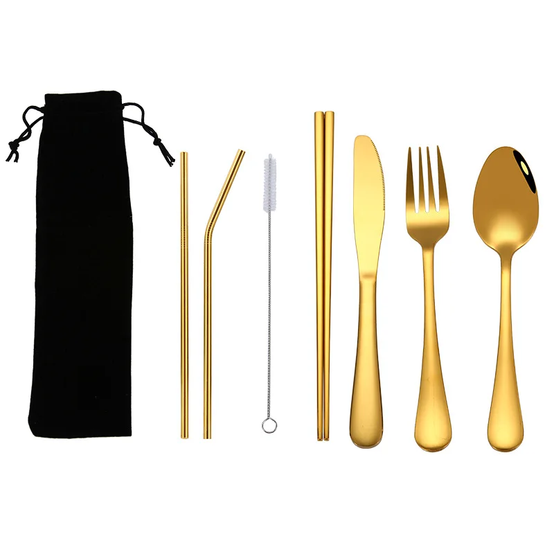 Dinnerware Set Travel Camping Cutlery Set Reusable Silverware With Metal Straw Spoon Fork Chopsticks And Portable Case - Цвет: Gold A