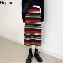Neploe Ins, трикотажная юбка в радужную полоску, высокая талия, бедра, прямая, Осень-зима, верхняя одежда, Jupe Femme, Faldas Mujer Moda 47433