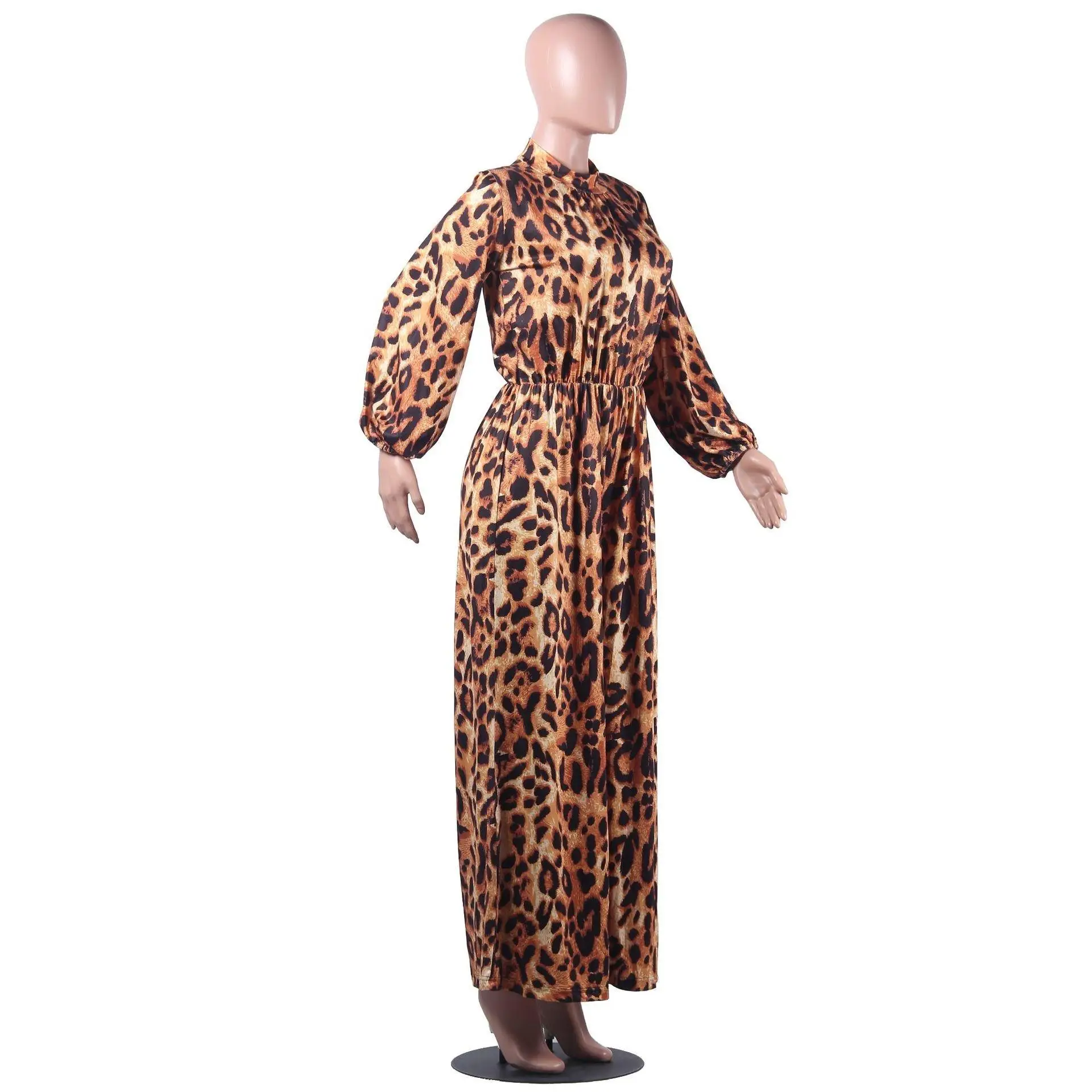 Holiday Turtleneck Sexy Leopard Print Jumpsuits Women Full Sleeve Elastic Braid Chiffon Long Jumpsuits