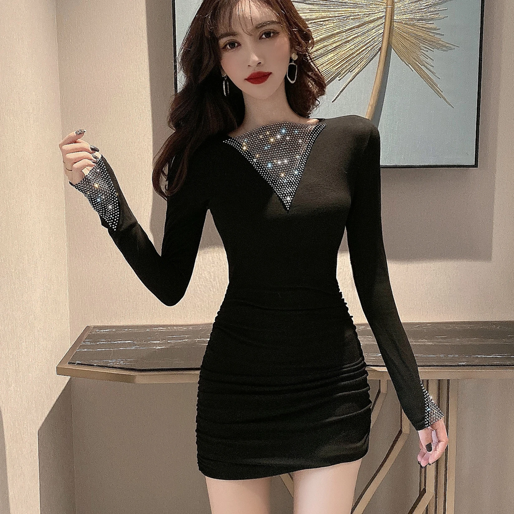 Long Sexy Dress Slim fit Party 2020 New long-sleeved Fashion stitching bottom Mesh dresses bodycon Black bandage dress 307i | Женская