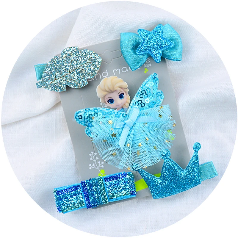 5 Pcs/Set Furball Baby Hair Clips For Girls Rhinestone Shiny Glitter Hair Pins Kids Princess Elsa Hair Clip Set Hair Accessories