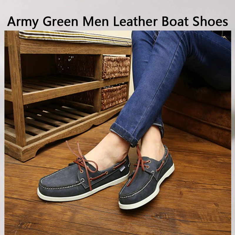 Zapatos náuticos de cuero verde militar para hombre, mocasines planos con cordones a la moda, 46, mocasines informales de cuero genuino|Zapatos - AliExpress