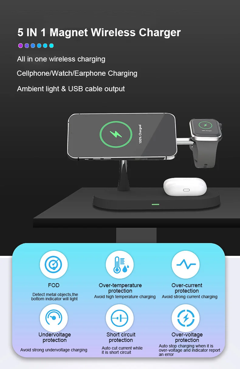 5 in 1 Magnetic Wireless Charger PD Fast Charger Holder for iPhone 12Pro Max 13 Magnetic Charge 3in1 for Apple Watch Airpods pro wallcharger