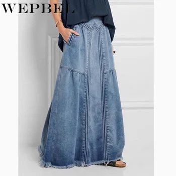 

Weppel Plus Size Denim Skirts Women Loose Elastic Waist Long Denim Skirts Solid Color Summer Streetwear Lady Skirts Mujer Faldas
