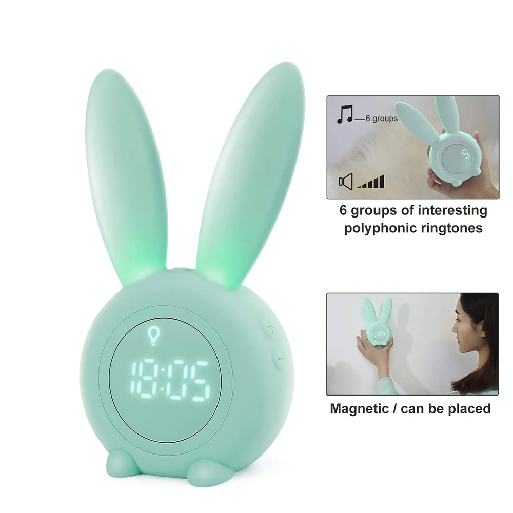 Милый кролик светодиодный цифровые часы-будильник с Wake Up светильник для детей Перезаряжаемые силиконовый Повтор Настольные часы Штаны для девочек с рождественским изображением подарок