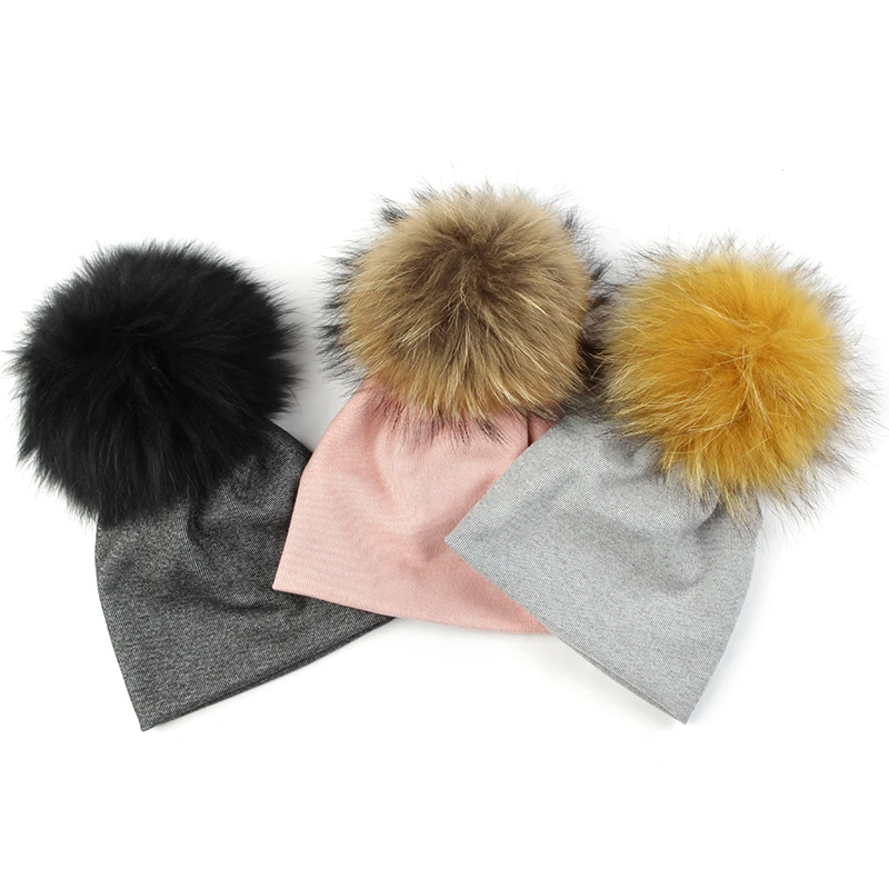 Geebro Newborn Baby Girls Boys Winter Cotton Stretch Beanies hats Caps Soft Baby Kids With 15 cm Real fur pompom Gifts 3