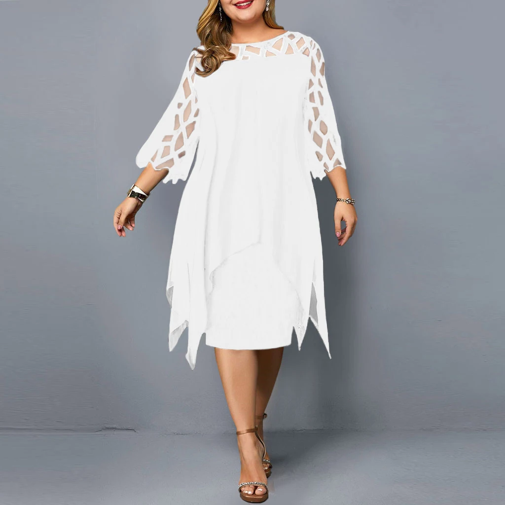 Plus Size Dresses Woman Summer 2021 New Elegant Mesh Sleeve White Women's...