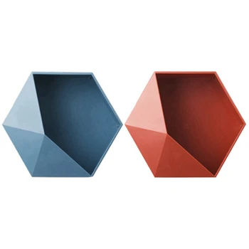 

NEW-2x Storage Rack Shaped Living Room Wall-Mounted Geometric Punch-Free Wall Decoration Home Bathroom Shelf(Blue&Red)