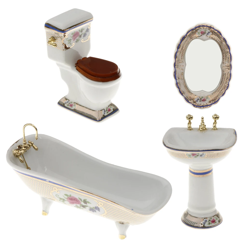 4 Pieces 1:12 Miniature Dollhouse Bathroom Supplies Set Bathtub Toilet Sink Mirror Accs #3