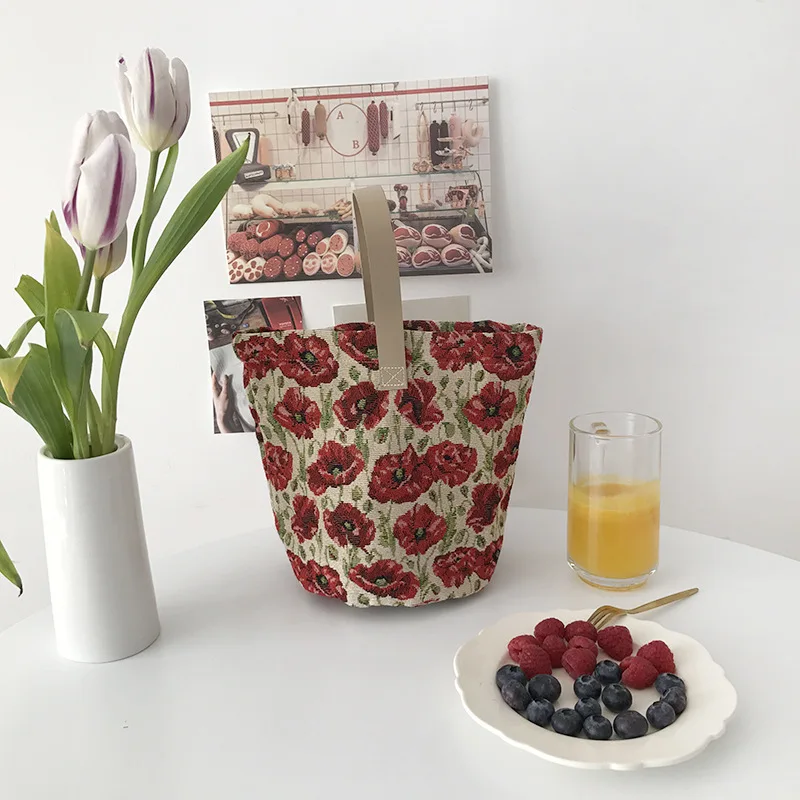 

South Korea Chic Spring Bucket Canvas Tote All-around Canvas Vintage flowers Hand Bag Simple Student Basket Bag Purse