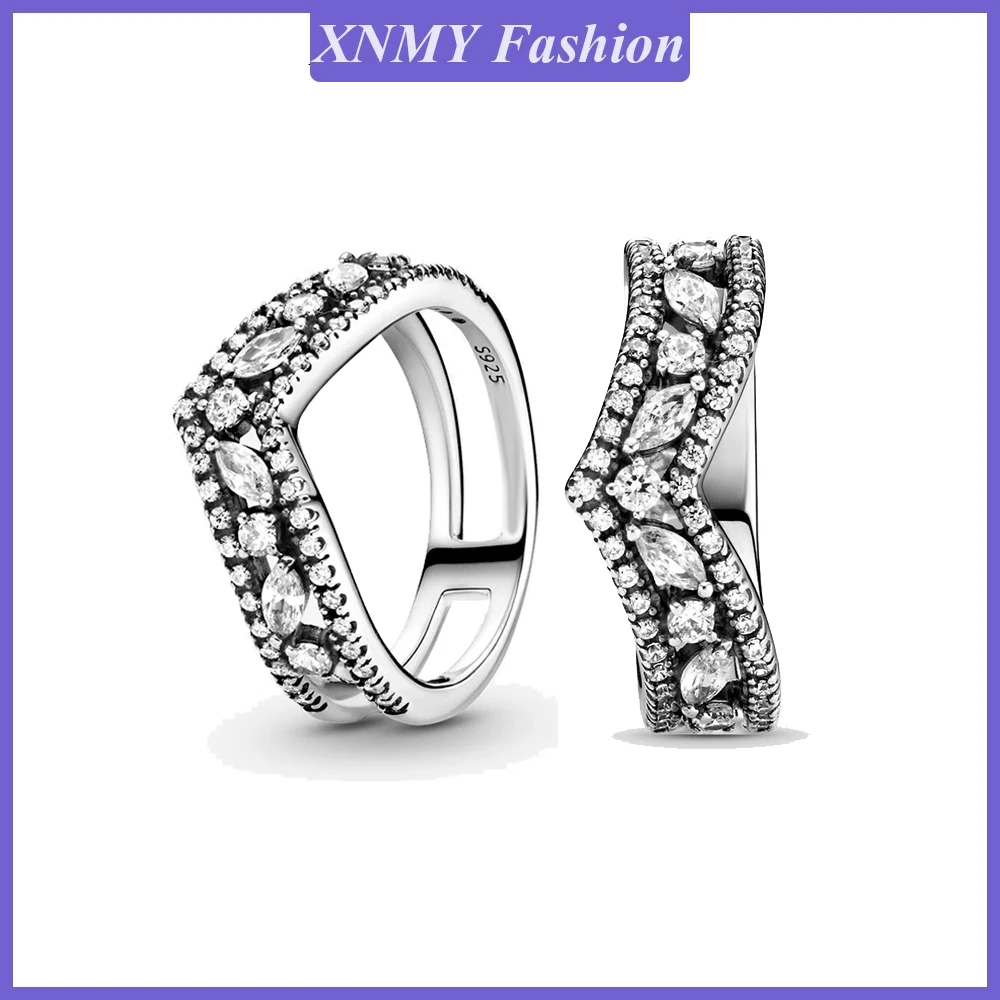 XNMY Fashion Silver Color Sparkling Marquise Double Wishbone Ring Women Party Classic Fine Wedding Jewelry Couple Rings Gifts
