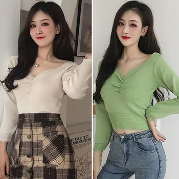 

Fashion Girls Sweaters New Arrive Solid Color V Neck Autumn Ladies Knitwear Pullover Femme Sweater Korean Style