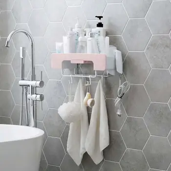 

PP Bathroonm Storage Racks With Small Drawer Type Box For Jewelrys Wall Mounted Cosmetic Organizer With 4 Removeable Hooks