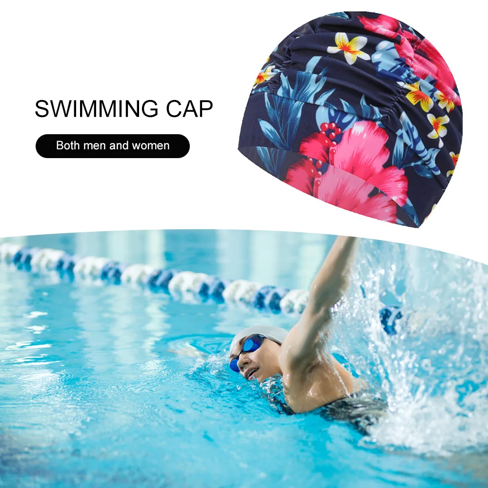 Swim Cap Flowers Printed Pleated Long Hair Swimming Nylon Turban Elastic Stretchable Bathing Hat for Beach Pool | Спорт и