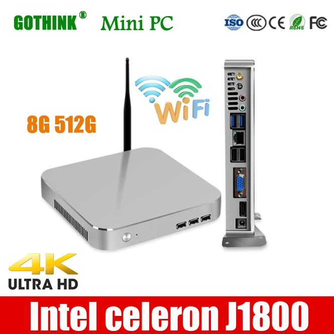 GOTHINK Мини ПК с функцией WiFi Intel celeron J1800 двухъядерный 2,41 ГГц WIN7/8/10 LINUX system 8G 512G 4K HDMI Карманный ПК VGA USB 3,0