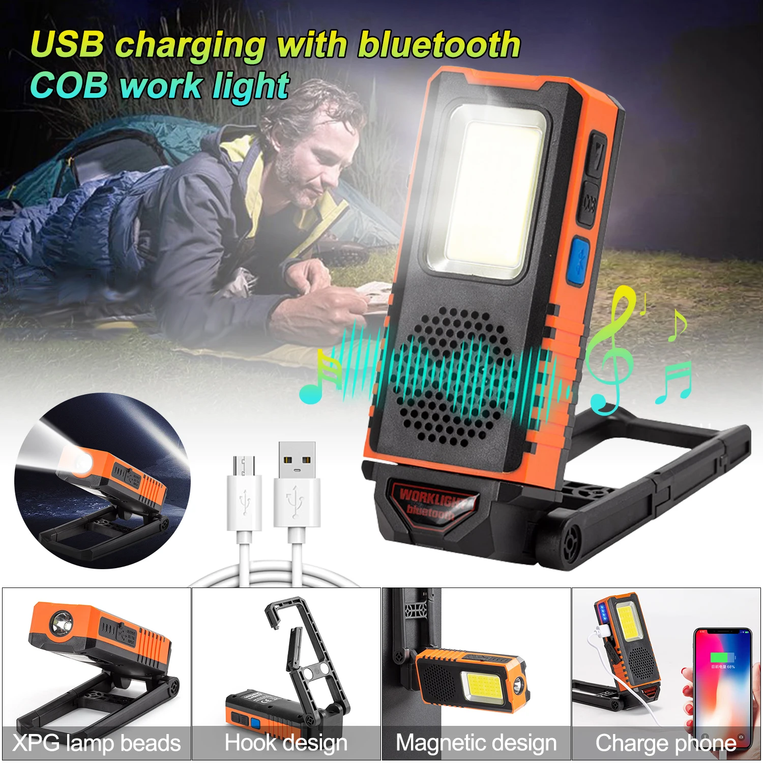 

10W Portable LED Work Light with Bluetooth Car Repair Magnetic Foldable Inspection Light USB Charging Handheld Emergency Lamp