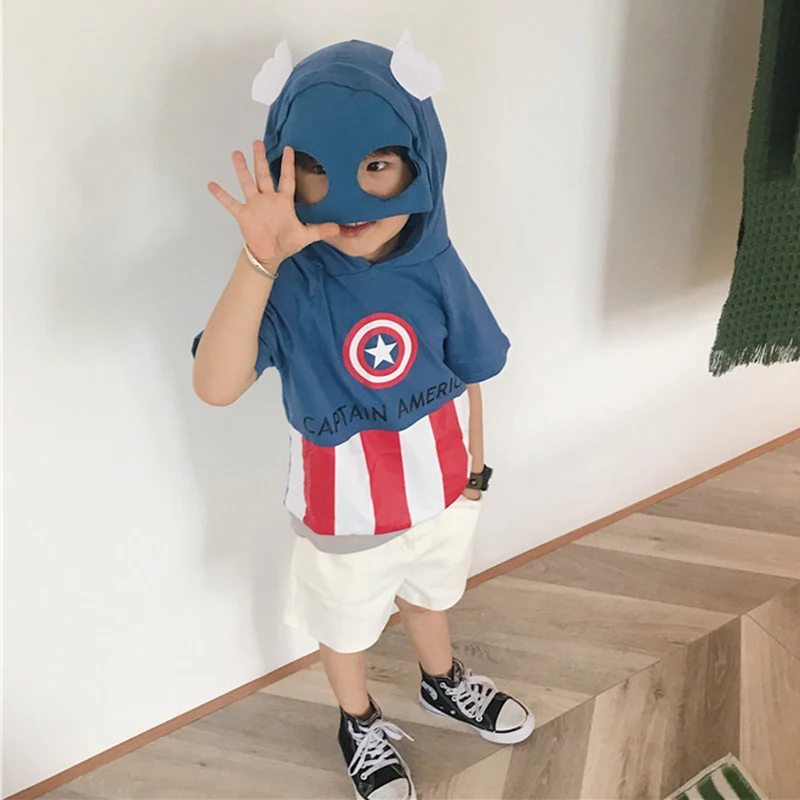 Children T-shirt for Boy cartoon Print Hooded Boys T Shirt short sleeve Tops Kids tshirt Clothes 2-7 Yrs DSY203