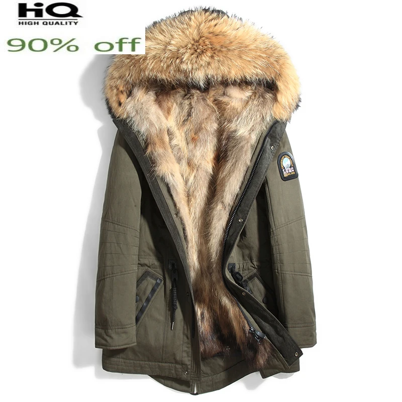 Real Fur Coat Male Thick Warm Raccoon Liner Jacket Men Clothing Motorcycle Wolf Parkas Men's hiver 61E1125 | Мужская одежда