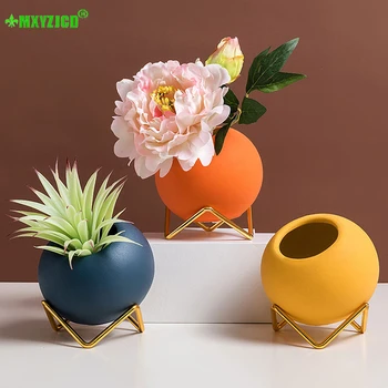 

Round Ceramic Vase Wrought Iron Bracket Desktop Flower Arrangement Container Decoration Home Plant Flower Pot Crafts