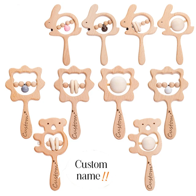 1PCS Baby Toys Wooden Rattle Animal Series Hand Bell Custom Logo Wooden Teether Children Recognize Animal Toys Child Gift 1