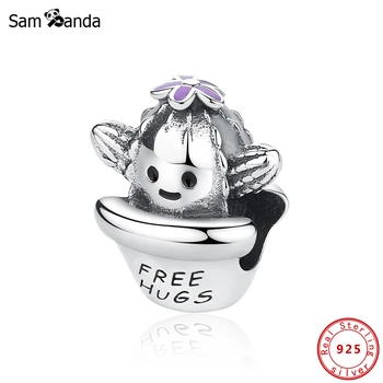 

2020 New Original 100% 925 Sterling Silver Bead Charm Cactus Charms Free Hugs Purple Enamel Fit Bracelets DIY Women Jewelry