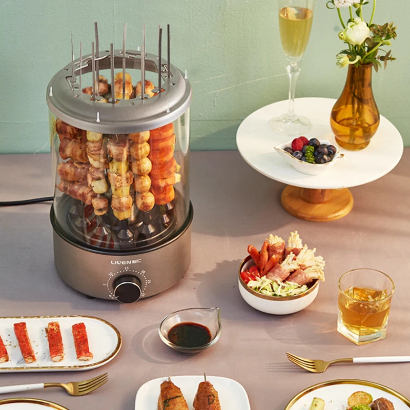 Electric Grill Barbecue Machine Timing Household Autorotation Kebab Machine Small smoke-free BBQ Maker Doner Meat Kabob Cooker