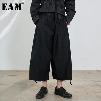 

[EAM] High Elastic Waist Black Drawstring Long Wide Leg Trousers New Loose Fit Pants Women Fashion Spring Autumn 2020 1T221
