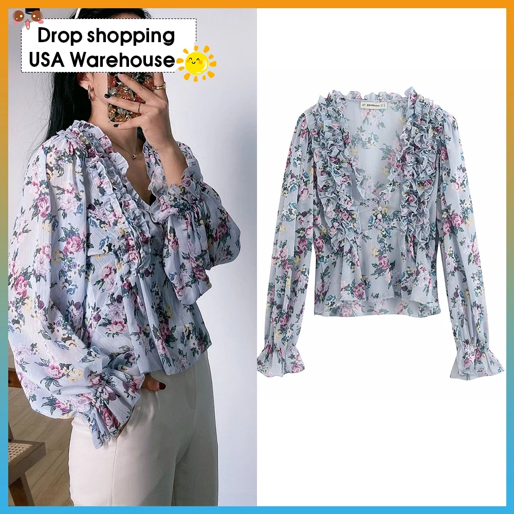 

OUSHANG Vintage V Neck Long Sleeve See Through Female Shirts Blusas Chic Tops Women 2020 Fashion Floral Print Ruffled Blouses