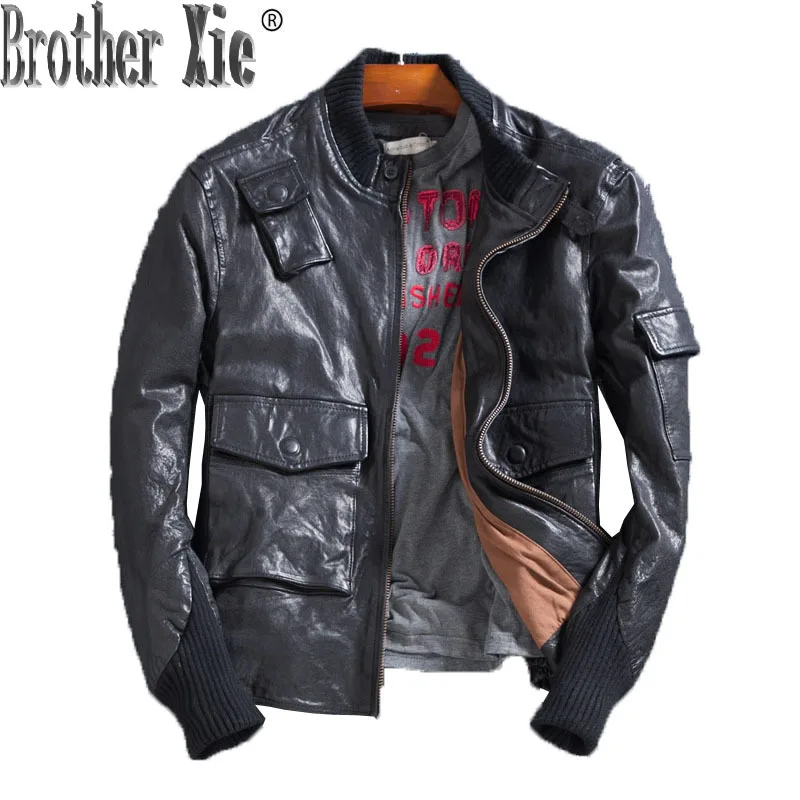 

Genuine Leather Jacket Korean Oil Wax Sheepskin Coat for Men Short Spring Motorcycle Men Leather Jacket LJ1713 KJ1412