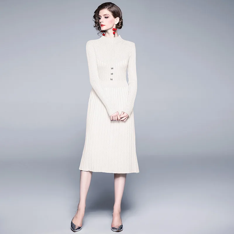 

Europe And America WOMEN'S Dress Debutante Slim Fit Slimming Base Dress Long Sleeve Mock-Neck Waist Hugging Jersey Dress