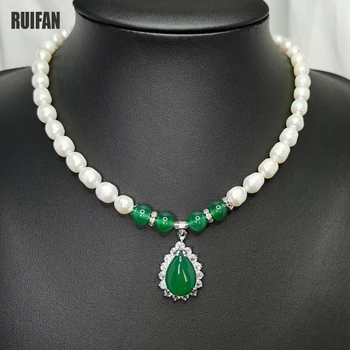 

8-9mm Natural Freshwater Pearl Necklace Women Waterdrop Green Crystal Pendant Necklaces Fashion Jewelry Christmas Gift YNC116