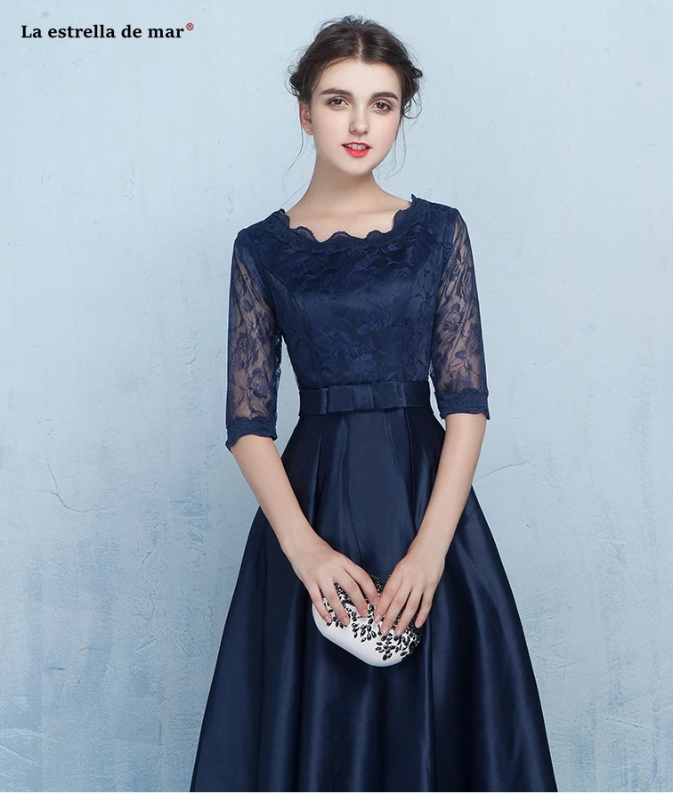 Vestidos fiesta boda новое платье из кружева, с вырезом на шее, атласное платье с коротким рукавом, ТРАПЕЦИЕВИДНОЕ темно-синее платье подружки невесты, чайное удлиненное платье na wesele Plus