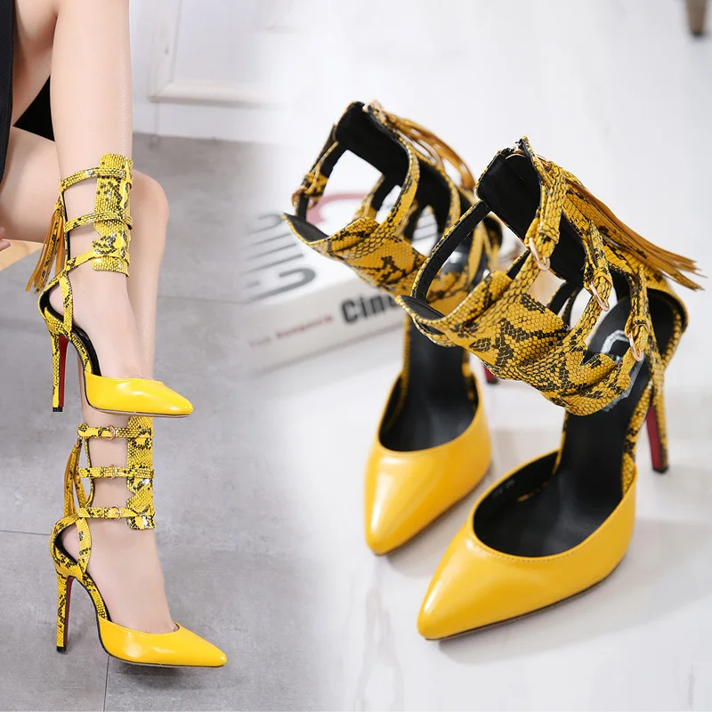 

Europe And America Snakeskin Cross Straps Pointed-Toe Thin Heeled High Heel Shoes Shallow Mouth WOMEN'S Sandals Heels Crystal Sh