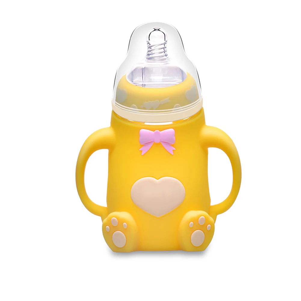 Детская бутылочка для кормления 240 мл Медведь Дизайн дуги Тип подачи воды с силиконовой соской высокое качество - Цвет: Цвет: желтый