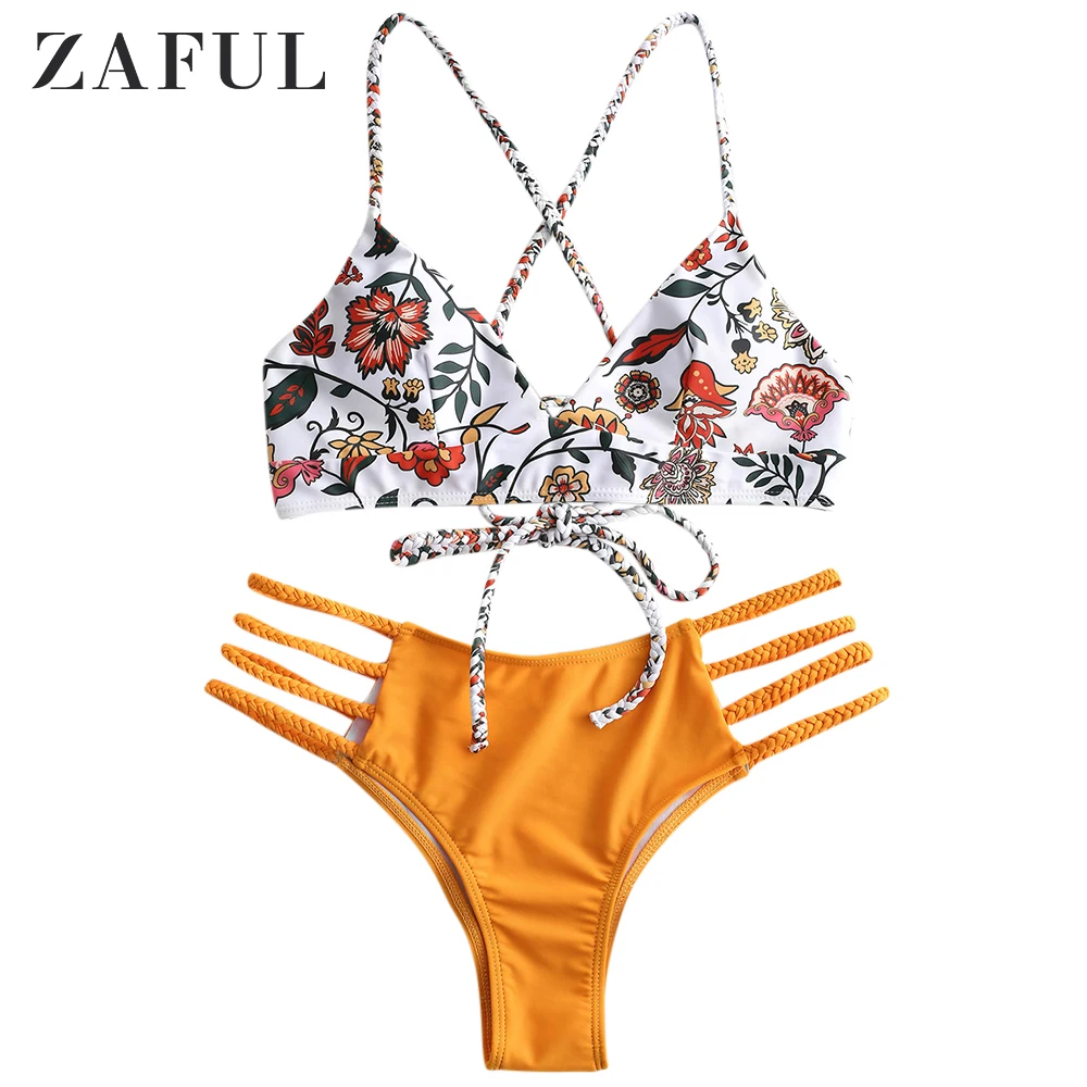 Multi a ZAFUL, бикини, Цветочный, Плетеный, на шнуровке, комплект бикини, на тонких бретелях, без проволоки, купальник, женский, летний, богемный, Цветочный, купальник - Цвет: Multi a