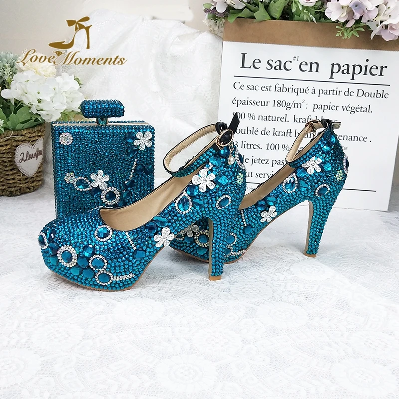 

Ankle Straps Women Pumps Customized Blue Rhinestone Wedding Party Shoes 10cm High Heel Banquet Prom Pumps with Mathing Bag