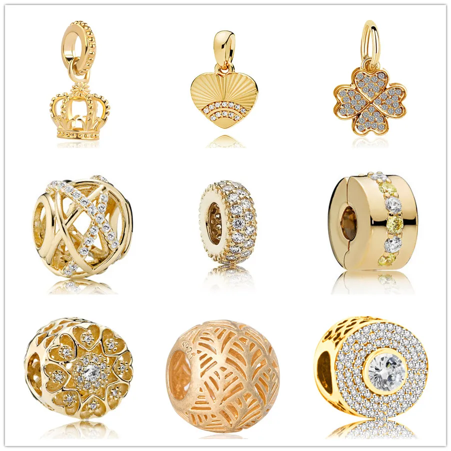 

Mix Gold alloy Plated Beads Charm Crystal Colver Flower Fit Original Pandora Bead Bracelet Bangle For Women DIY Jewelry Gift