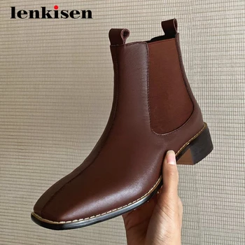 

Lenkisen hot Chelsea boots natural leather patchwork stretch square toe thick med heel slip on convenient dress ankle boots L8f8