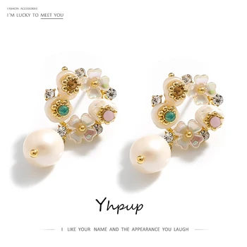 

Yhpup Sweet Romantic Natural Pearls Dangle Earrings Natural Shell Flower Oorbellen for Female Bride Party Jewelry S925 Post 2019