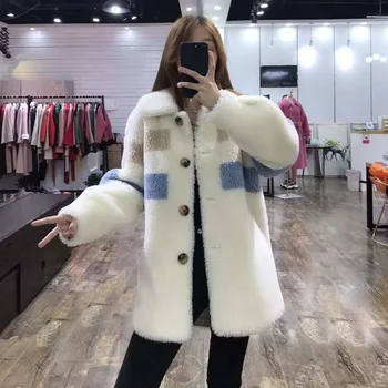 

New fashion 2020 real price fur coat winter women Stripe pattern long style parka wool blends turn-down collar jacket pink coats