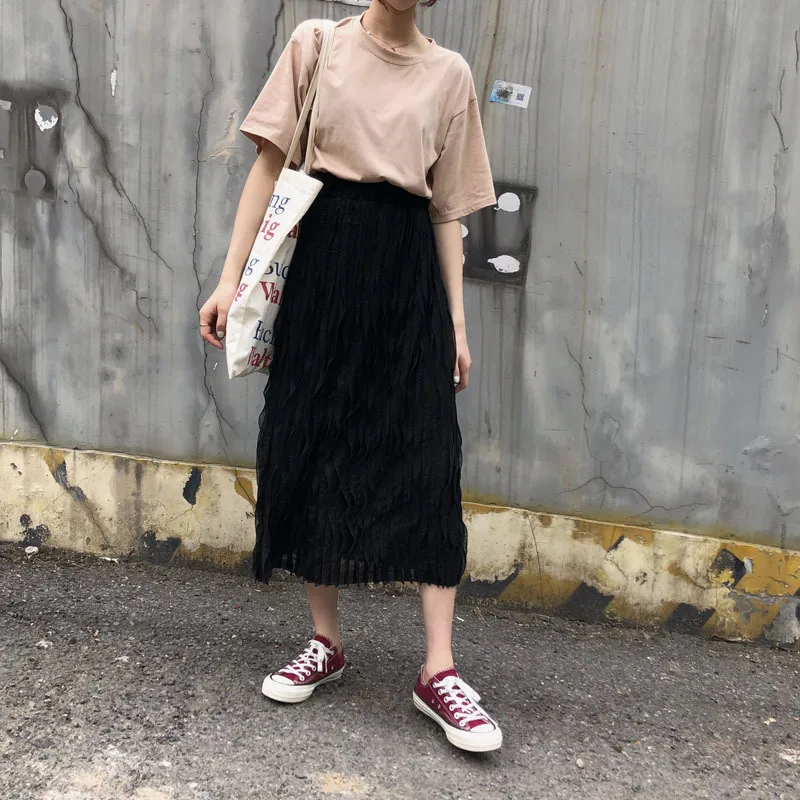 

Autumn New Style Korean-style Solid Color Vertical Wrinkle Flared Skirt Skirt Women's Loose-Fit Versatile Elastic Waist A- line