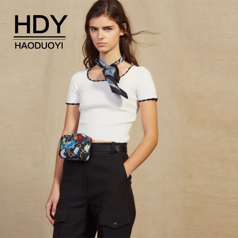 

HDY Haoduoyi Summer Solid Personality Simple Casual White Knit Edge Contrast Color Slim Round Neck Short Sweater
